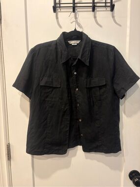 Black Linen Short Sleeve Button-Up Shirt